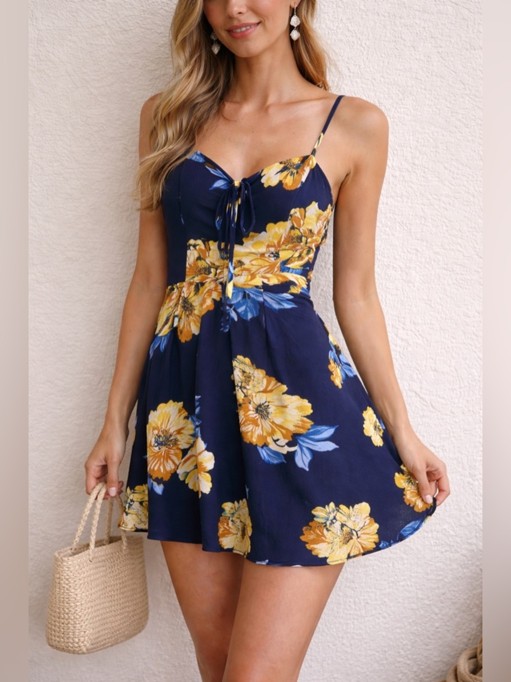 B Darlin Navy Yellow Floral Fit & Flare Mini Dress Size 3/4 cottage core